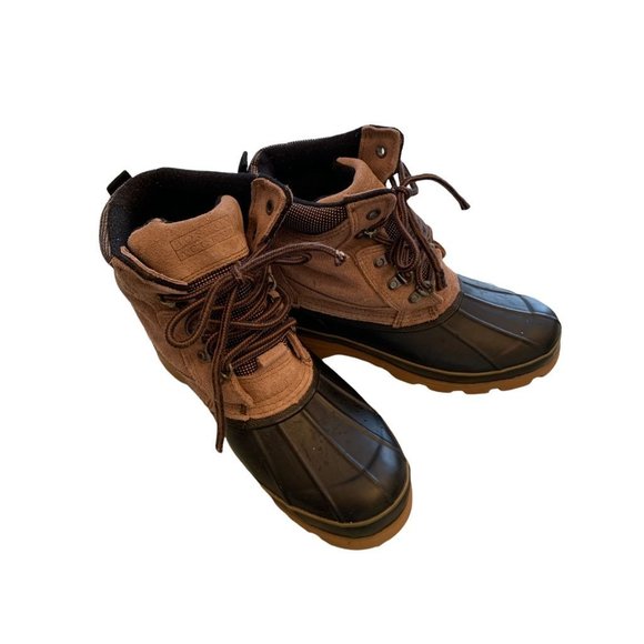 9M Boston Accent "Sleek" Women's Lace Up Winter Duck Boots Tan Suede and Navy Bl - Picture 9 of 11